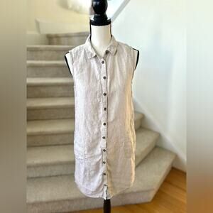 Halston Tan Linen Sleeveless Button Front Shirt Dress